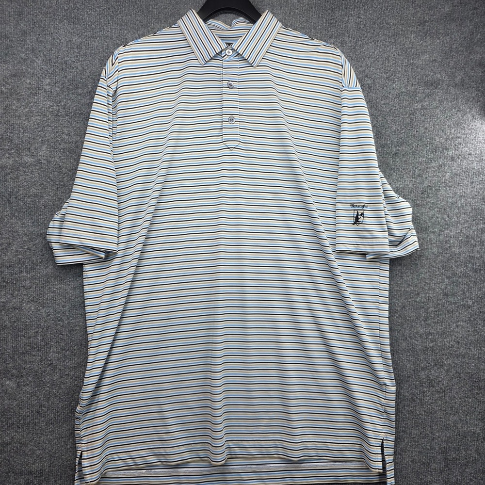 FootJoy Gleneagles Mens XL Blue Tan Striped Performance Golf Polo‎ Shirt FJ